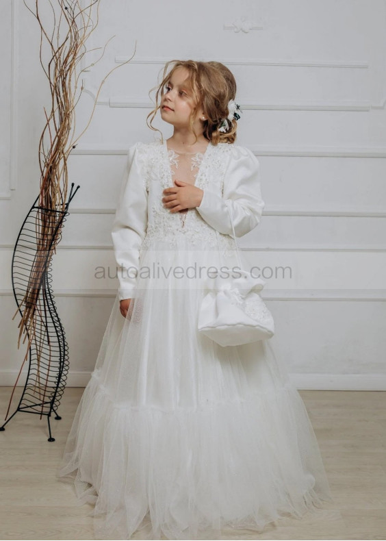 Long Sleeves Beaded Ivory Lace Satin Chic Flower Girl Dress